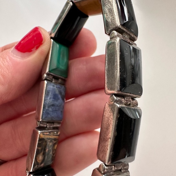 Vintage Taxco Multicolor Stone Bracelet set in Silver - Picture 7 of 10